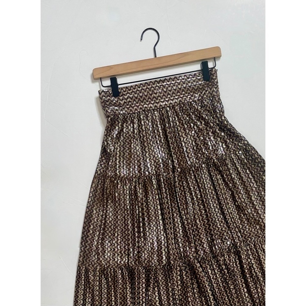 BA&SH Pleated Jupe Poly Midi Skirt Chevron Stripe Foil Metallic Tiered Size 6 - Picture 4 of 16